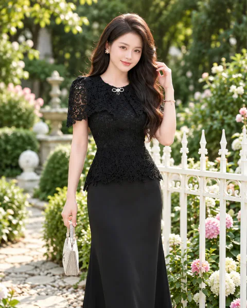 Đầm Peplum Phối Ren Choàng Vai Sang Trọng