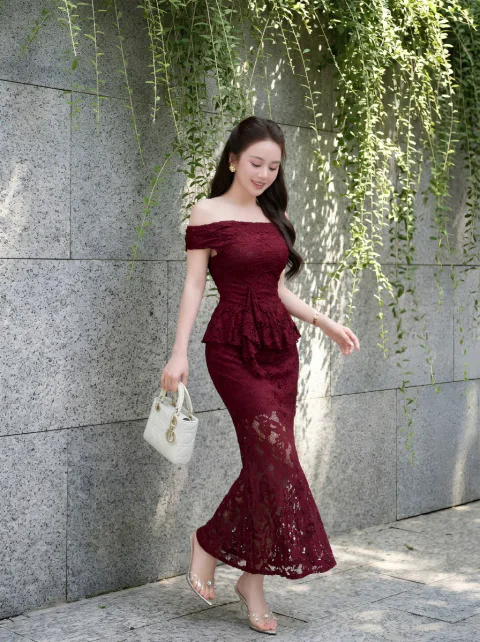 Đầm Ren Peplum Trễ Vai Cao Cấp