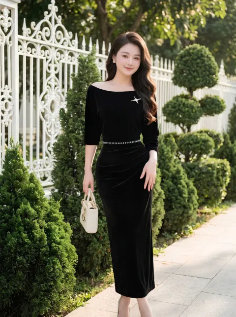 Đầm Nhung Lệch Vai Kèm Tag Thanh Lịch