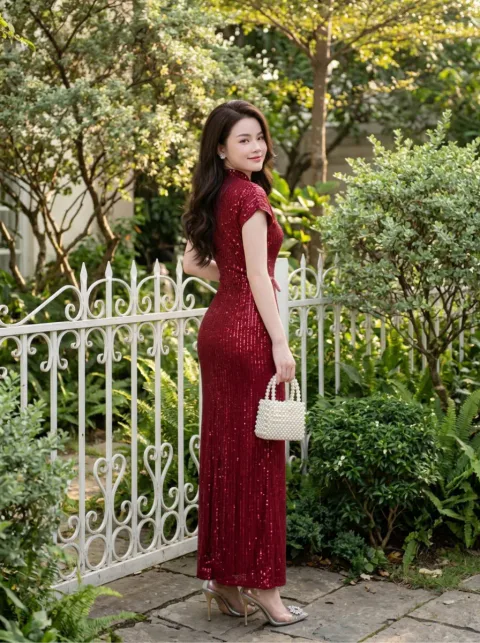 Đầm Dạ Hội Kim Sa Cổ Tàu Cao Cấp