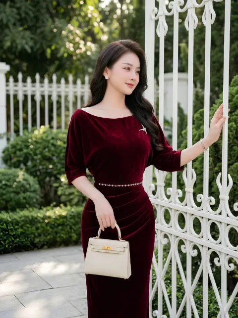 Đầm Nhung Lệch Vai Kèm Tag Thanh Lịch