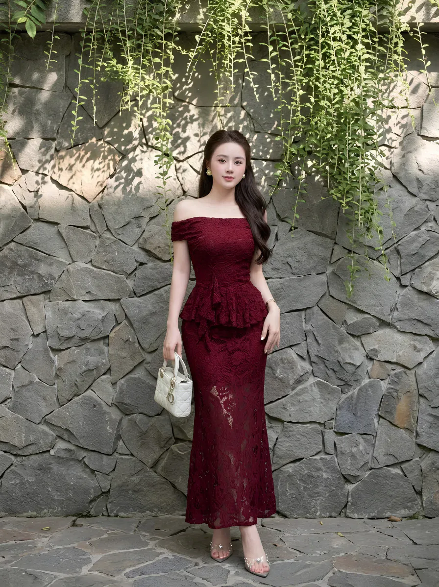 Đầm Ren Peplum Trễ Vai Cao Cấp