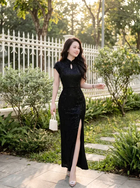 Đầm Dạ Hội Kim Sa Cổ Tàu Cao Cấp