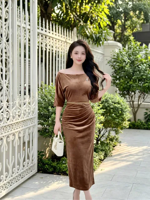 Đầm Nhung Lệch Vai Kèm Tag Thanh Lịch