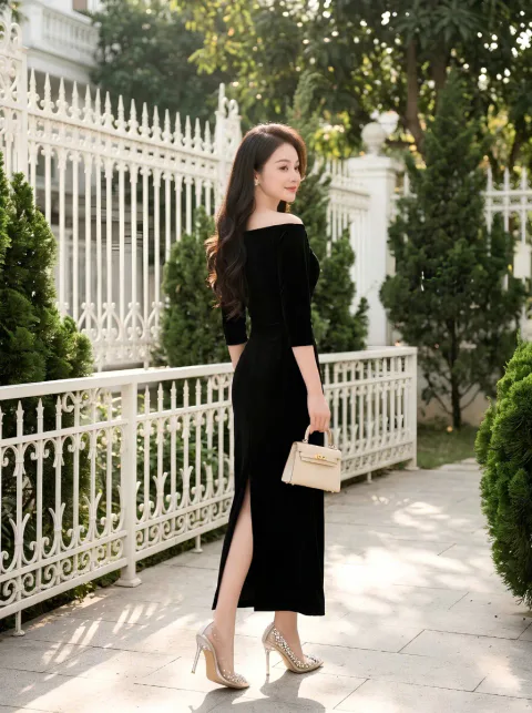 Đầm Nhung Lệch Vai Kèm Tag Thanh Lịch