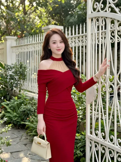 Đầm Body Phối Voan Trễ Vai Cao Cấp