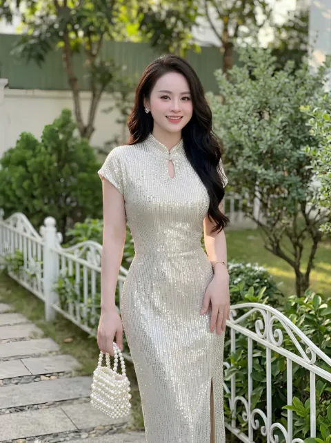 Đầm Dạ Hội Kim Sa Cổ Tàu Cao Cấp