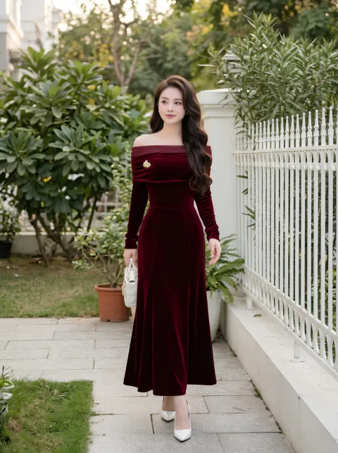 Đầm Nhung Trễ Vai Kèm Tag Sang Trọng