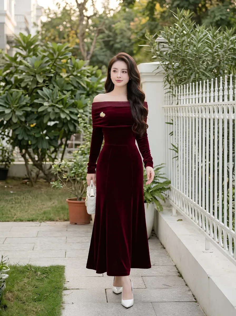 Đầm Nhung Trễ Vai Kèm Tag Sang Trọng