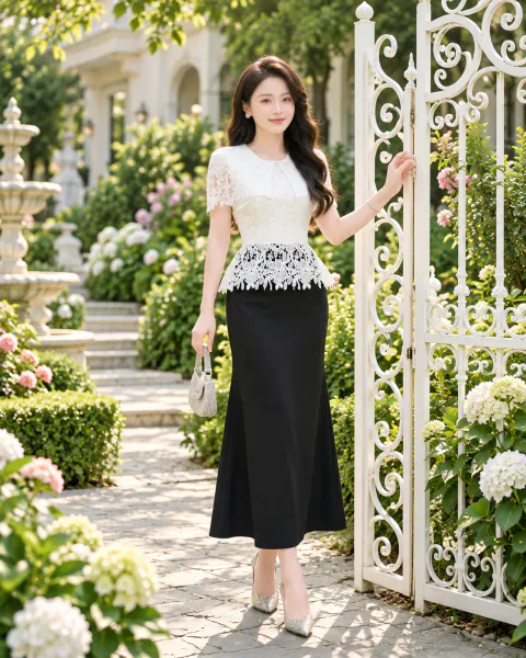Đầm Peplum Phối Ren Choàng Vai Sang Trọng
