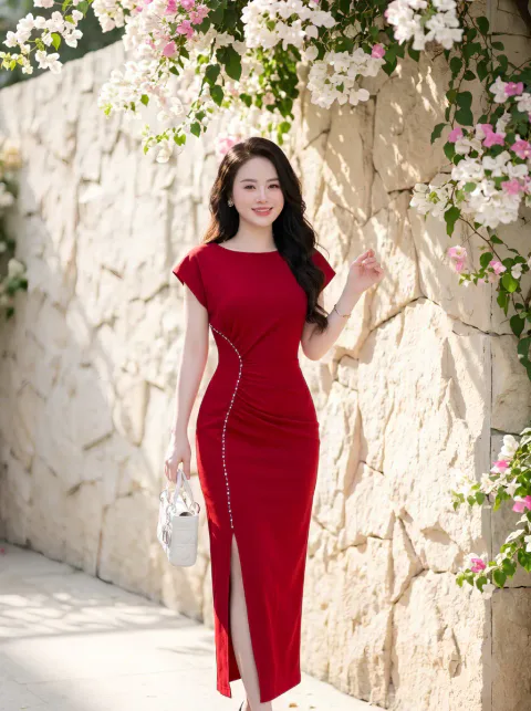Đầm Body Xếp Li Đính Ngọc Cao Cấp