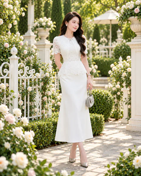 Đầm Peplum Phối Ren Choàng Vai Sang Trọng