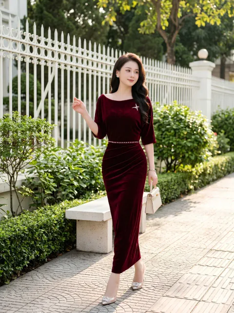 Đầm Nhung Lệch Vai Kèm Tag Thanh Lịch