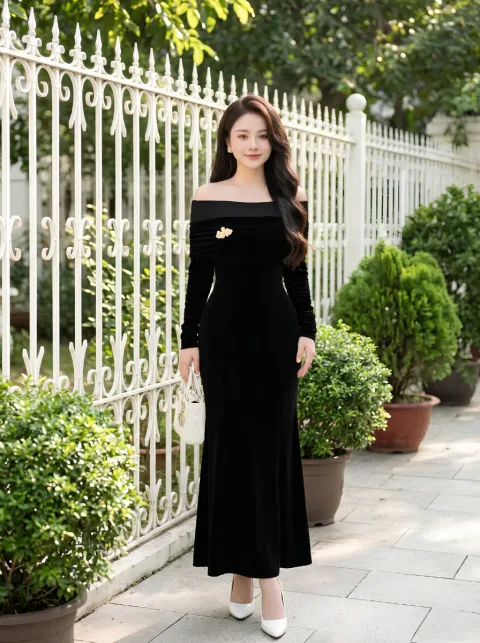 Đầm Nhung Trễ Vai Kèm Tag Sang Trọng