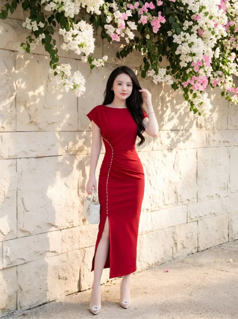 Đầm Body Xếp Li Đính Ngọc Cao Cấp