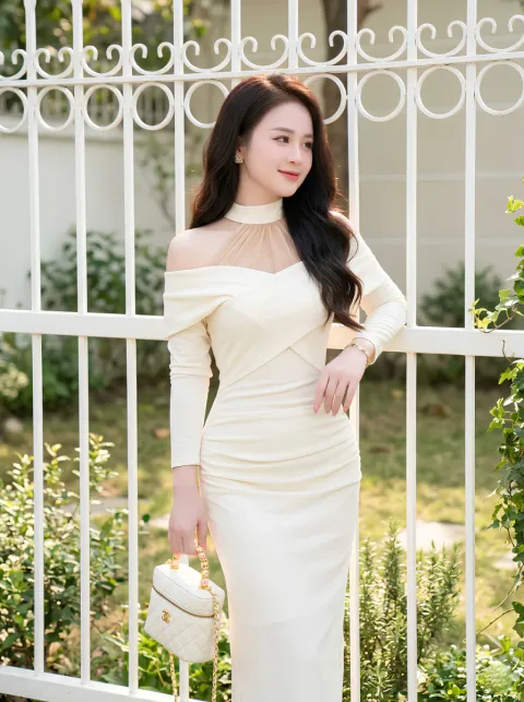 Đầm Body Phối Voan Trễ Vai Cao Cấp