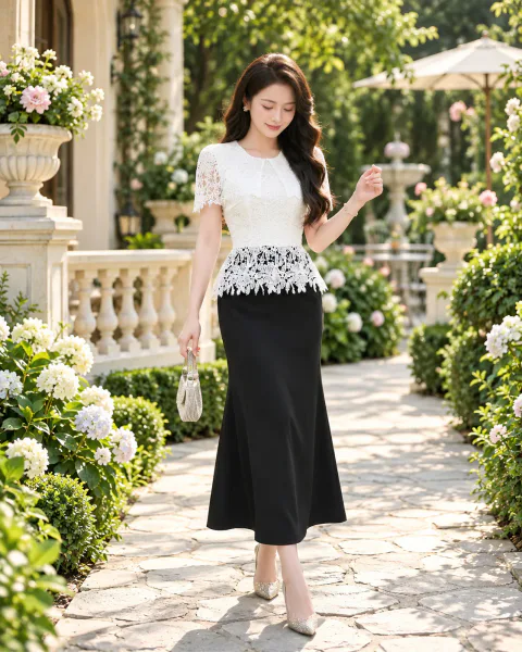 Đầm Peplum Phối Ren Choàng Vai Sang Trọng