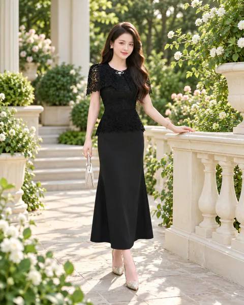 Đầm Peplum Phối Ren Choàng Vai Sang Trọng