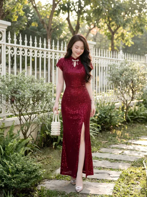 Đầm Dạ Hội Kim Sa Cổ Tàu Cao Cấp