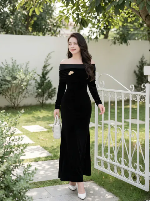 Đầm Nhung Trễ Vai Kèm Tag Sang Trọng