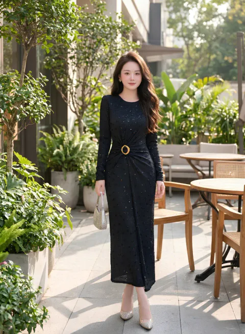 Đầm Body Chấm Bi Nhấn Khoen Eo Sang Trọng