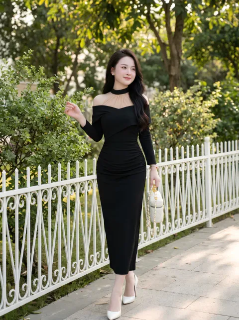 Đầm Body Phối Voan Trễ Vai Cao Cấp