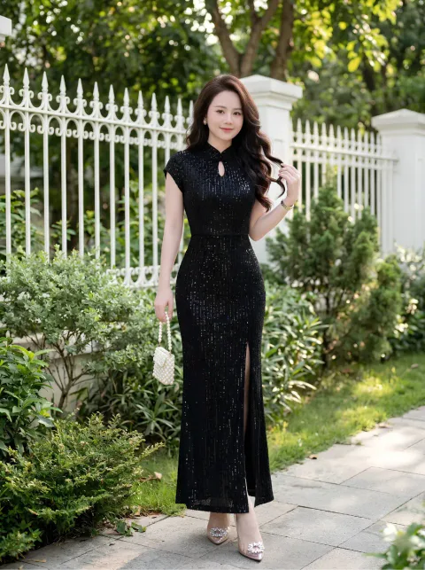 Đầm Dạ Hội Kim Sa Cổ Tàu Cao Cấp