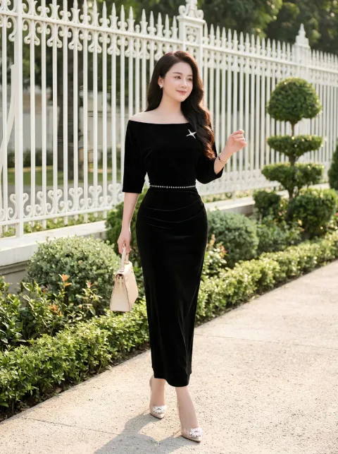 Đầm Nhung Lệch Vai Kèm Tag Thanh Lịch