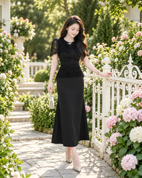 Đầm Peplum Phối Ren Choàng Vai Sang Trọng