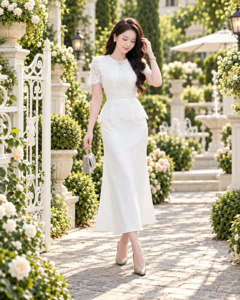 Đầm Peplum Phối Ren Choàng Vai Sang Trọng