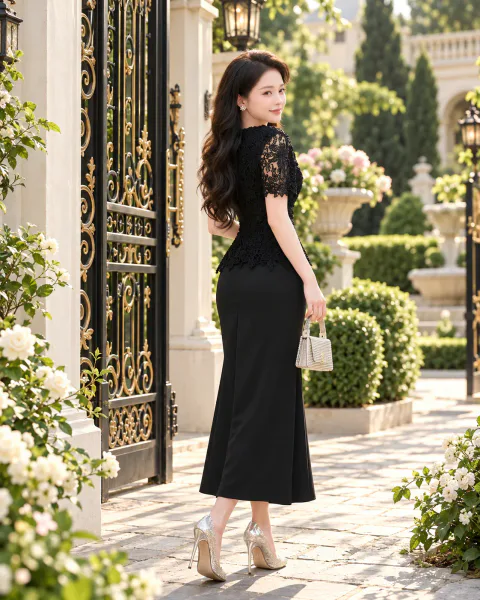 Đầm Peplum Phối Ren Choàng Vai Sang Trọng